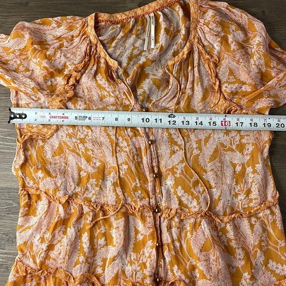 Anthropologie Mia Tiered Ruffle Tunic, Orange and Cream Floral, Button Up sz Med - Picture 10 of 14